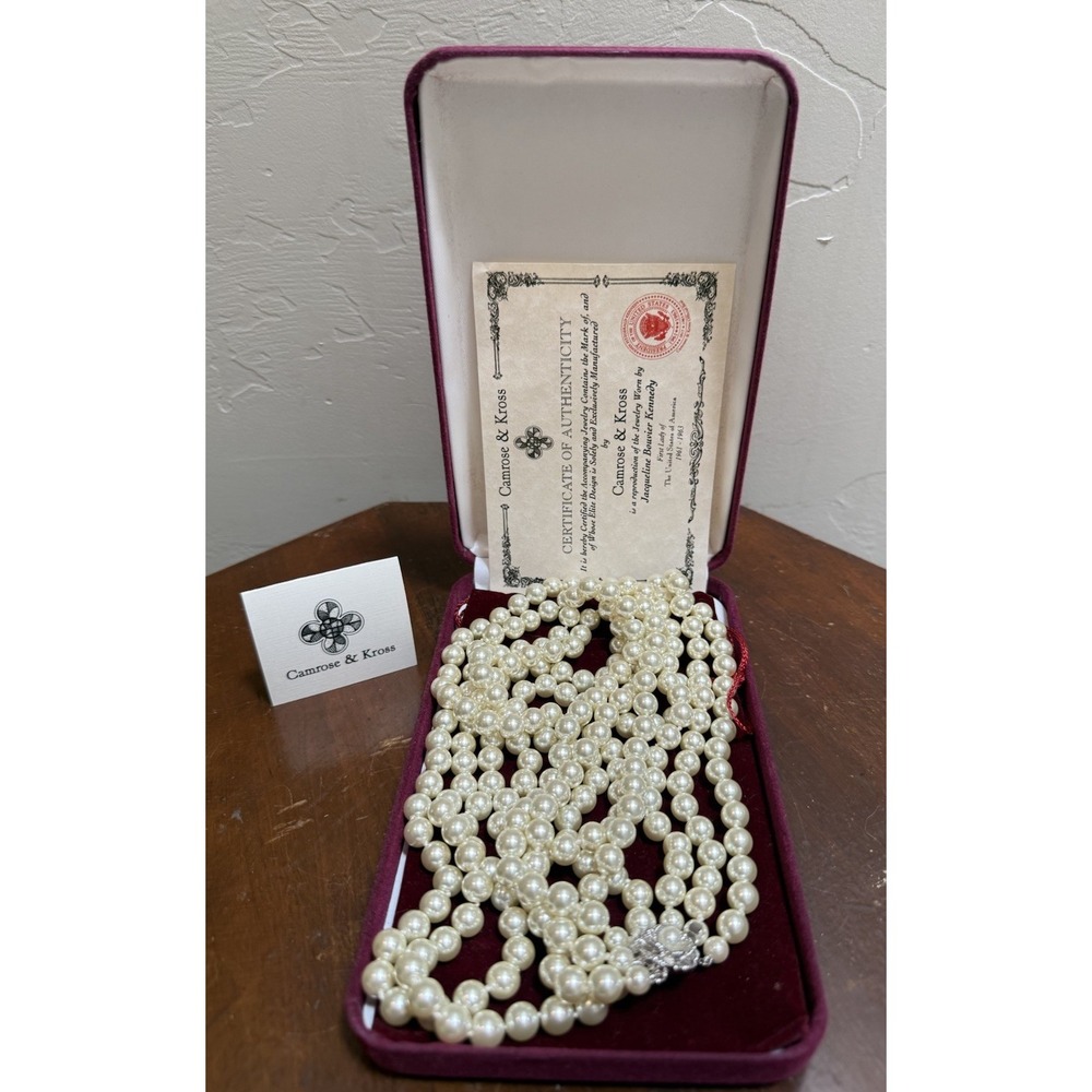 Camrose Kross JBK Jacqueline Kennedy 3 Strand Pearl Necklace Box COA Vintage